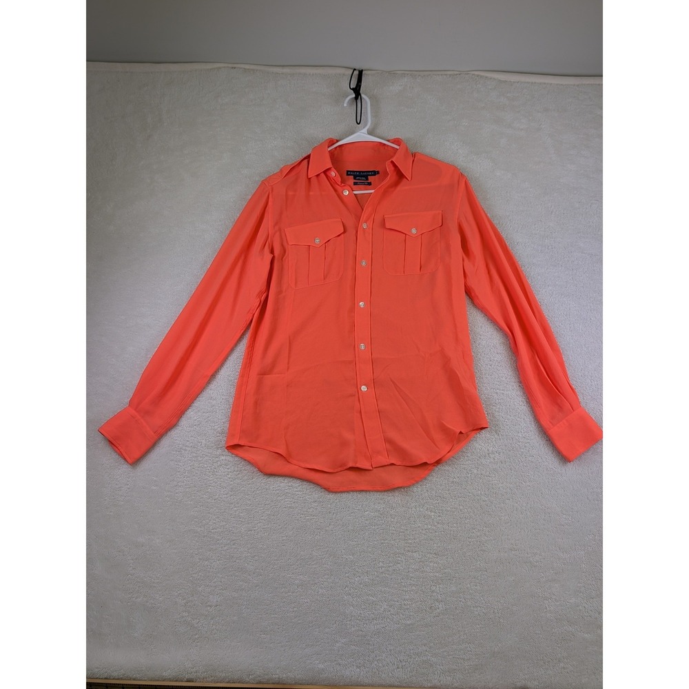 Ralph Lauren Women 2 Relaxed Fit Military Shirt Neon Coral Orange Epaulettes